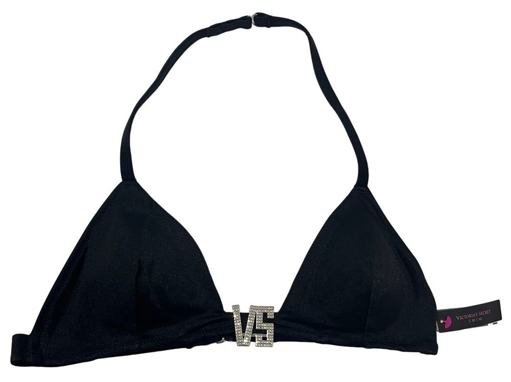 6-80 VICTORIA'S SECRET Women's NWT Rhinestone "VS" Bikini Top Black Large